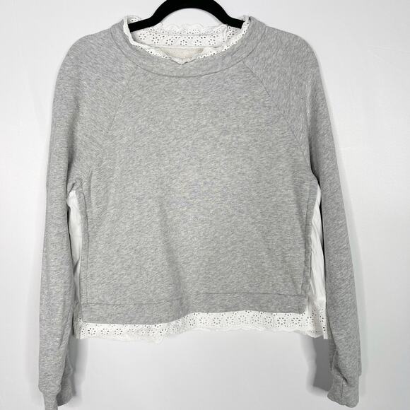 La Vie Rebecca Taylor Small Gray White French Terry Pullover Ruffle Eyelet Neck - Picture 1 of 10
